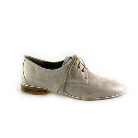 etwas eleganterer Schnürer,  kleiner Absatz, weiches Nubukleder, cremefarben mit Goldglimmer, Everybody