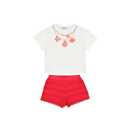 Set bestehend aus kurzer Hose in Spitzenoptik und T Shirt mit Druck rose- weiß,  Mayoral