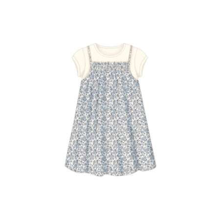 Sommerkleid mit angenähtem T- Shirt, weit fallend, blau, weiß, Blumendruck, Mayoral