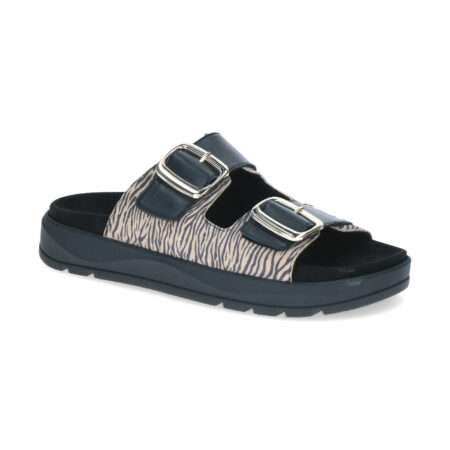 Pantolette mit zwei Klettverschlüssen, dicke Sohle,  Obermaterial Nubukleder,  Wechselfußbett, schwarz- beige mit Zebradruck, Goldschnallen, Rohde