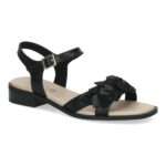 feine Sandale mit flachem Absatz, Nubukleder mit glitzernder Blütenapplikation, Klettverschluss, schwarz,  Caprice