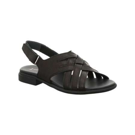 Sandale mit flacher Sohle und angedeutetem Absatz, Flechtoptik, Glattleder, schwarz, Think