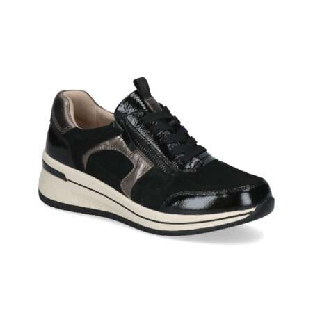 Schnürschuh mit kleinem Keil,  loses Fußbett, Nubukleder, Glatt- und Lackleder kombiniert, seitlicher Reißverschluss, schwarz- metallic, Caprice