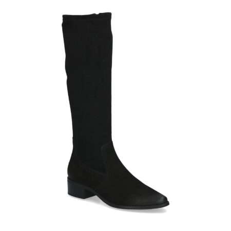 Langschaftstiefel mit kleinem Blockabsatz, spitze Leistenform,  seitlicher Reißverschluss,  Nubukleder und Stretchmaterial,  schwarz, Caprice